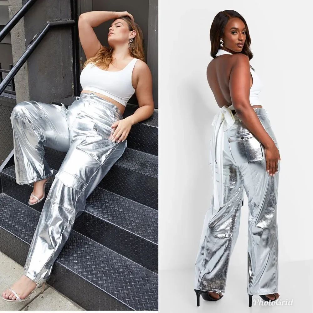 Rebdolls LENA METALLIC WIDE LEG CARGO PANTS - SILVER CROC 14/16